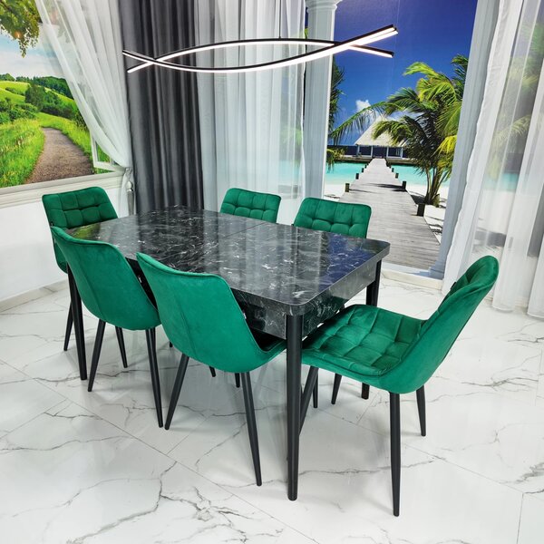 Set masa extensibila Napoli Black Marble cu 6 scaune Osaka verde, DENVER, picioare vopsite negru, 130x80x76 cm