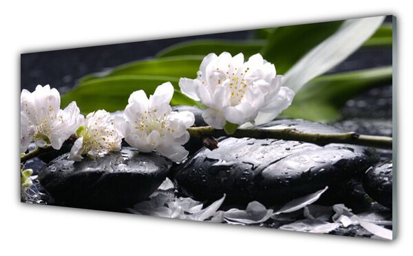 Panou sticla bucatarie Pietre florale flori alb negru
