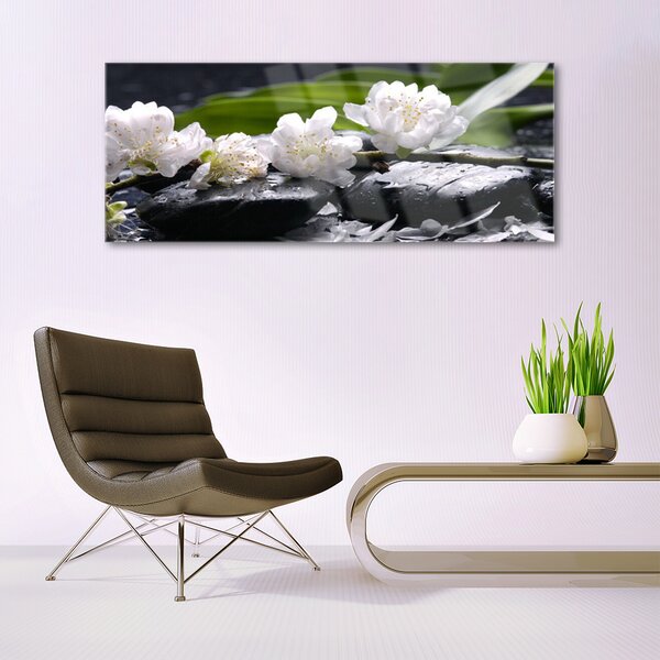 Tablou pe sticla Pietre florale flori alb negru