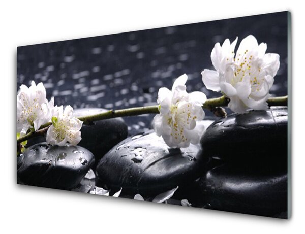 Panou sticla bucatarie Pietre florale flori alb negru