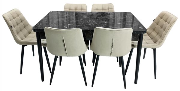 Set masa extensibila Napoli Black Marble cu 6 scaune Osaka bej, DENVER, picioare vopsite negru, 130x80x76 cm