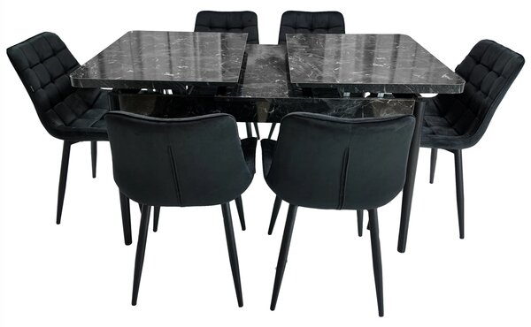 Set masa extensibila Napoli Black Marble cu 6 scaune Osaka negru, DENVER, picioare vopsite negru, 130x80x76 cm
