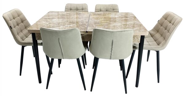 Set masa extensibila Napoli Royal Beige cu 6 scaune Osaka bej, DENVER, picioare vopsite negru, 130x80x76 cm