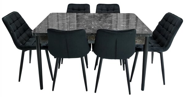 Set masa extensibila Napoli Black Marble cu 6 scaune Osaka negru, DENVER, picioare vopsite negru, 130x80x76 cm