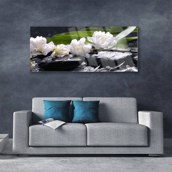 Tablou pe sticla Pietre florale flori alb negru