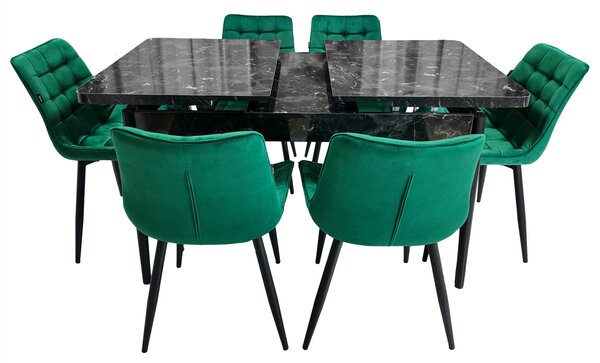 Set masa extensibila Napoli Black Marble cu 6 scaune Osaka verde, DENVER, picioare vopsite negru, 130x80x76 cm