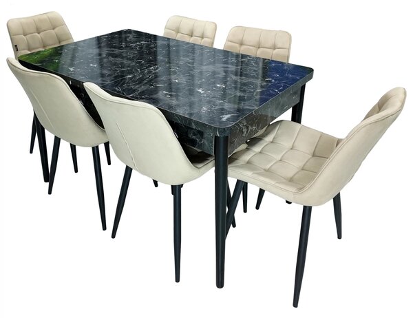 Set masa extensibila Napoli Black Marble cu 6 scaune Osaka bej, DENVER, picioare vopsite negru, 130x80x76 cm