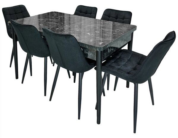 Set masa extensibila Napoli Black Marble cu 6 scaune Osaka negru, DENVER, picioare vopsite negru, 130x80x76 cm