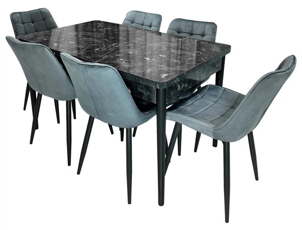 Set masa extensibila Napoli Black Marble cu 6 scaune Osaka gri, DENVER, picioare vopsite negru, 130x80x76 cm