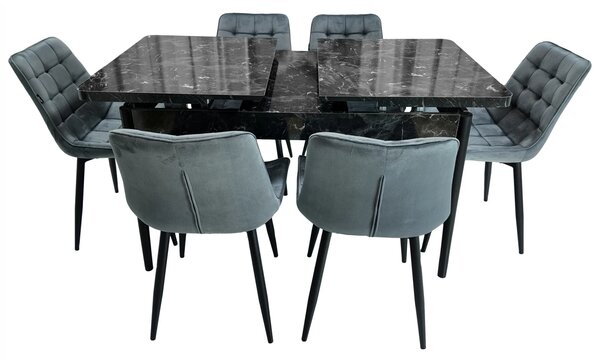 Set masa extensibila Napoli Black Marble cu 6 scaune Osaka gri, DENVER, picioare vopsite negru, 130x80x76 cm