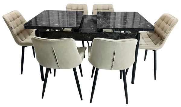 Set masa extensibila Napoli Black Marble cu 6 scaune Osaka bej, DENVER, picioare vopsite negru, 130x80x76 cm