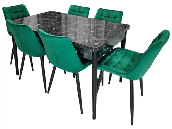 Set masa extensibila Napoli Black Marble cu 6 scaune Osaka verde, DENVER, picioare vopsite negru, 130x80x76 cm