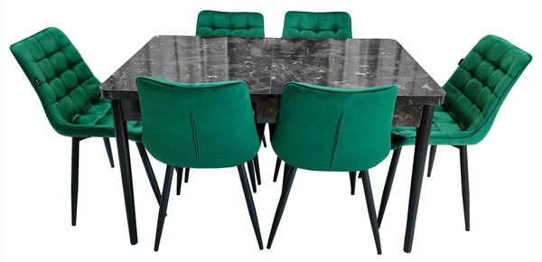 Set masa extensibila Napoli Black Marble cu 6 scaune Osaka verde, DENVER, picioare vopsite negru, 130x80x76 cm