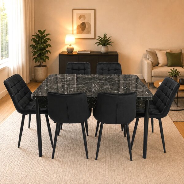 Set masa extensibila Napoli Black Marble cu 6 scaune Osaka negru, DENVER, picioare vopsite negru, 130x80x76 cm