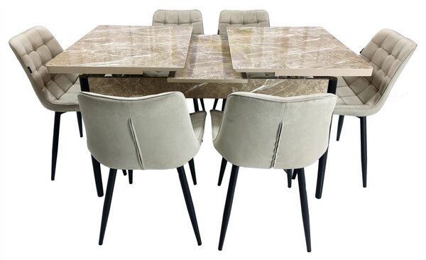 Set masa extensibila Napoli Royal Beige cu 6 scaune Osaka bej, DENVER, picioare vopsite negru, 130x80x76 cm
