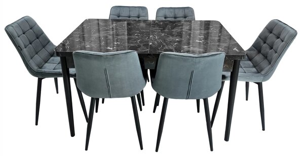 Set masa extensibila Napoli Black Marble cu 6 scaune Osaka gri, DENVER, picioare vopsite negru, 130x80x76 cm