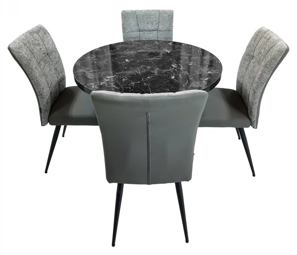 Set masa Hamburg Black Marble cu 4 scaune Tivoli gri cu antracit, DENVER, picioare negre, forma rotunda, 90x73 cm
