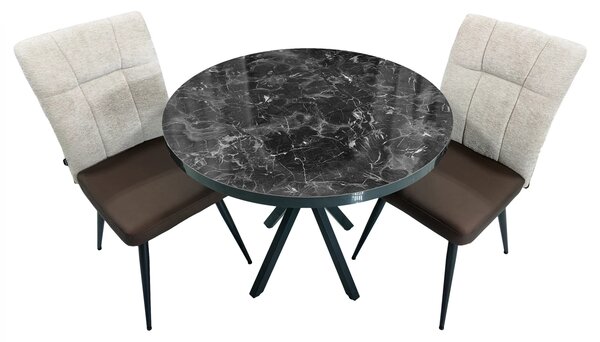 Set masa Hamburg Black Marble cu 2 scaune Tivoli maro cu bej, DENVER, picioare negre, forma rotunda, 90x73 cm