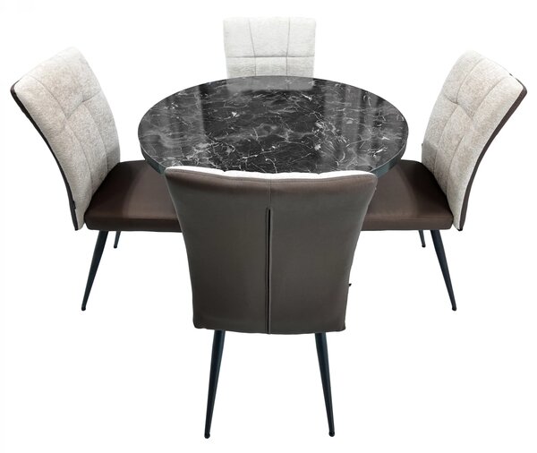 Set masa Hamburg Black Marble cu 4 scaune Tivoli maro cu bej, DENVER, picioare negre, forma rotunda, 90x73 cm
