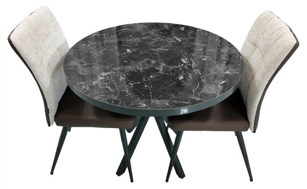 Set masa Hamburg Black Marble cu 2 scaune Tivoli maro cu bej, DENVER, picioare negre, forma rotunda, 90x73 cm