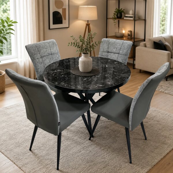Set masa Hamburg Black Marble cu 4 scaune Tivoli gri cu antracit, DENVER, picioare negre, forma rotunda, 90x73 cm