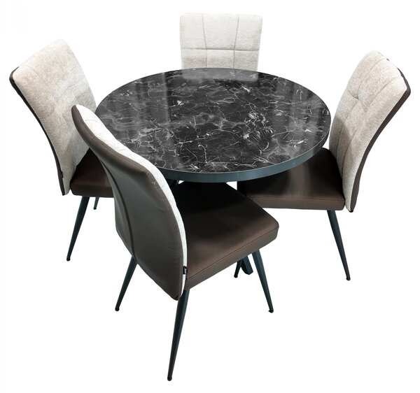Set masa Hamburg Black Marble cu 4 scaune Tivoli maro cu bej, DENVER, picioare negre, forma rotunda, 90x73 cm