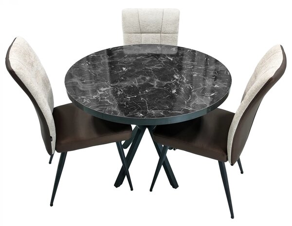 Set masa Hamburg Black Marble cu 3 scaune Tivoli maro cu bej, DENVER, picioare negre, forma rotunda, 90x73 cm