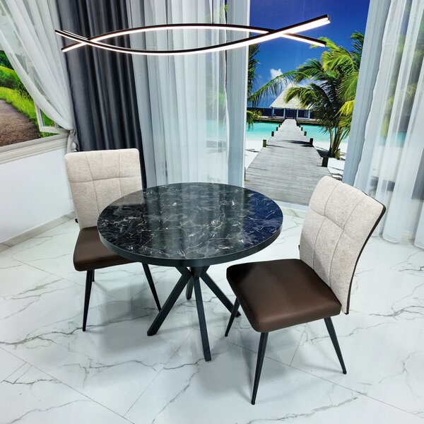 Set masa Hamburg Black Marble cu 2 scaune Tivoli maro cu bej, DENVER, picioare negre, forma rotunda, 90x73 cm