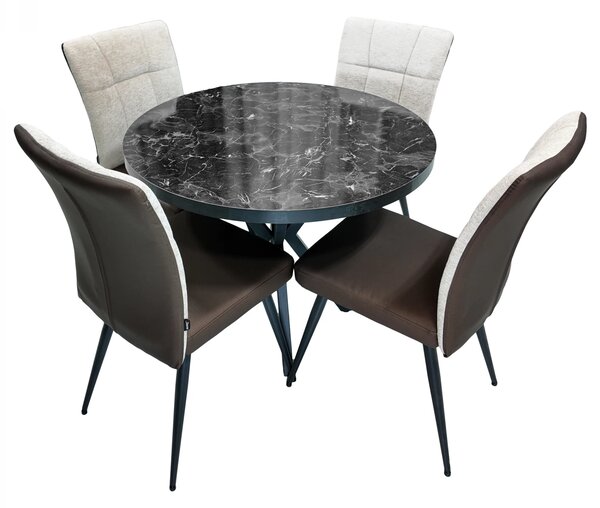 Set masa Hamburg Black Marble cu 4 scaune Tivoli maro cu bej, DENVER, picioare negre, forma rotunda, 90x73 cm