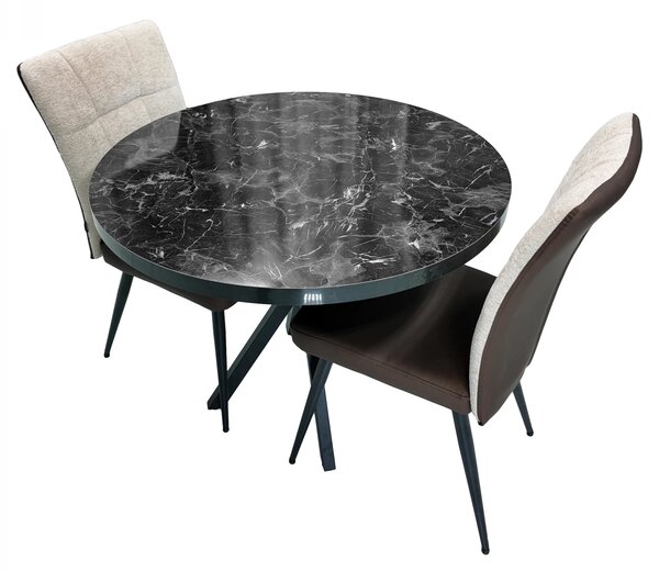 Set masa Hamburg Black Marble cu 2 scaune Tivoli maro cu bej, DENVER, picioare negre, forma rotunda, 90x73 cm