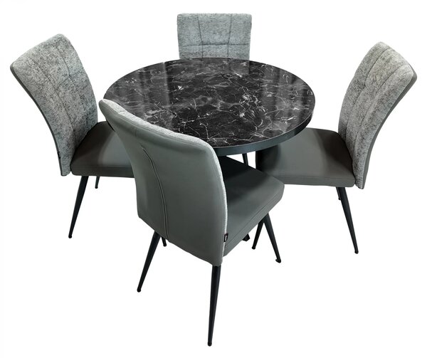 Set masa Hamburg Black Marble cu 4 scaune Tivoli gri cu antracit, DENVER, picioare negre, forma rotunda, 90x73 cm