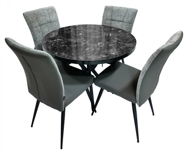 Set masa Hamburg Black Marble cu 4 scaune Tivoli gri cu antracit, DENVER, picioare negre, forma rotunda, 90x73 cm