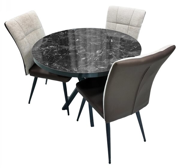 Set masa Hamburg Black Marble cu 3 scaune Tivoli maro cu bej, DENVER, picioare negre, forma rotunda, 90x73 cm