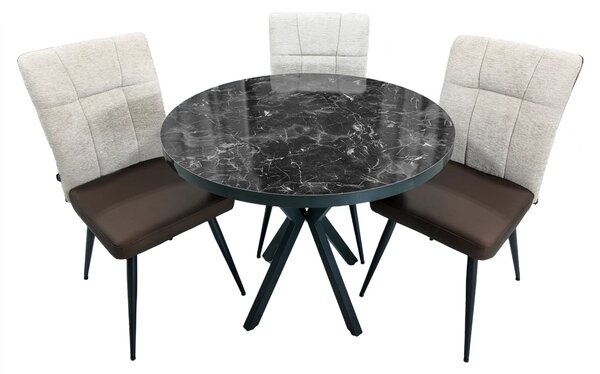Set masa Hamburg Black Marble cu 3 scaune Tivoli maro cu bej, DENVER, picioare negre, forma rotunda, 90x73 cm