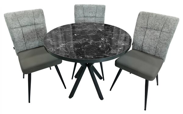 Set masa Hamburg Black Marble cu 3 scaune Tivoli gri cu antracit, DENVER, picioare negre, forma rotunda, 90x73 cm