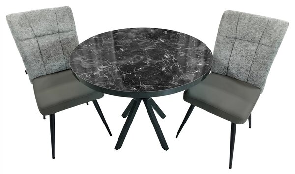 Set masa Hamburg Black Marble cu 2 scaune Tivoli gri cu antracit, DENVER, picioare negre, forma rotunda, 90x73 cm