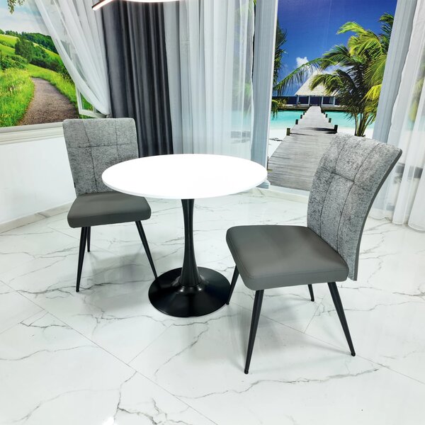 Set masa Innsbruck, DENVER, blat alb si picior negru cu 2 scaune Tivoli, gri cu antracit, forma rotunda, 80x73 cm