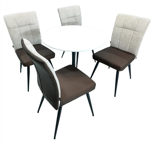 Set masa Innsbruck, DENVER, blat alb si picior negru cu 4 scaune Tivoli, maro cu bej, forma rotunda, 80x73 cm