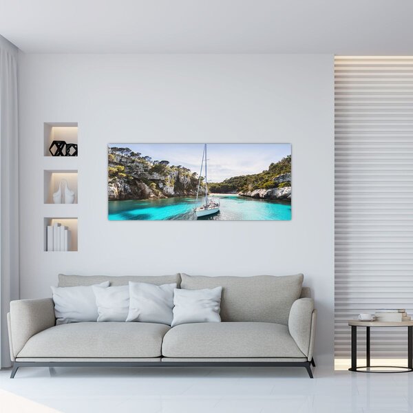 Tablou - Plajă cu barca cu pânze (120x50 cm)