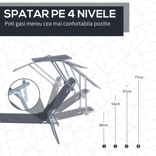 Outsunny Scaun de Plajă Pliabil și Reclinabil cu Parasolar, Confortabil, în Tesatura Oxford, Gri | Aosom Romania