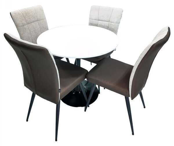 Set masa Innsbruck, DENVER, blat alb si picior negru cu 4 scaune Tivoli, maro cu bej, forma rotunda, 80x73 cm