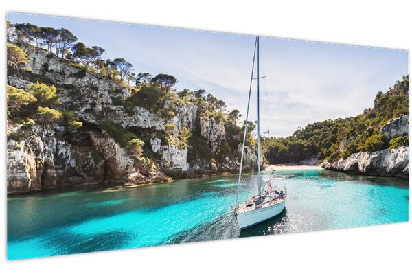 Tablou - Plajă cu barca cu pânze (120x50 cm)