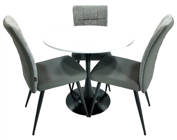 Set masa Innsbruck, DENVER, blat alb si picior negru cu 3 scaune Tivoli, gri cu antracit, forma rotunda, 80x73 cm