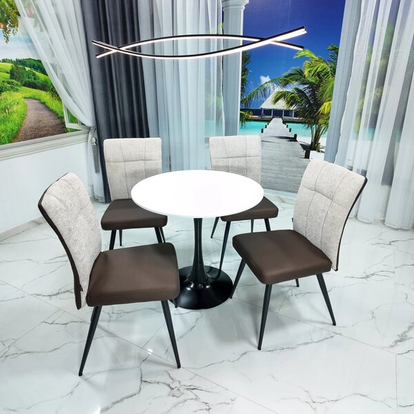 Set masa Innsbruck, DENVER, blat alb si picior negru cu 4 scaune Tivoli, maro cu bej, forma rotunda, 80x73 cm