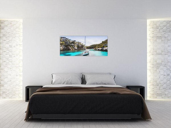 Tablou - Plajă cu barca cu pânze (120x50 cm)
