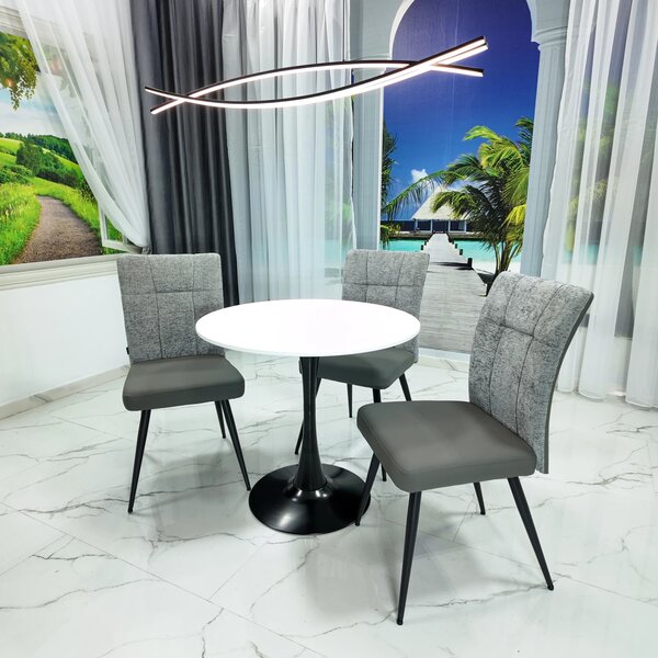 Set masa Innsbruck, DENVER, blat alb si picior negru cu 3 scaune Tivoli, gri cu antracit, forma rotunda, 80x73 cm