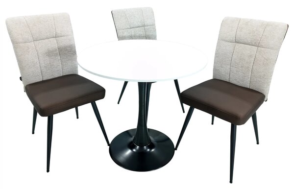 Set masa Innsbruck, DENVER, blat alb si picior negru cu 3 scaune Tivoli, maro cu bej, forma rotunda, 80x73 cm