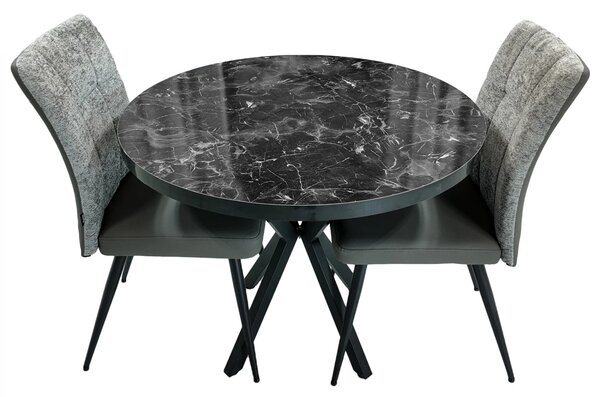 Set masa Hamburg Black Marble cu 2 scaune Tivoli gri cu antracit, DENVER, picioare negre, forma rotunda, 90x73 cm