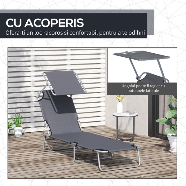 Outsunny Scaun de Plajă Pliabil și Reclinabil cu Parasolar, Confortabil, în Tesatura Oxford, Gri | Aosom Romania