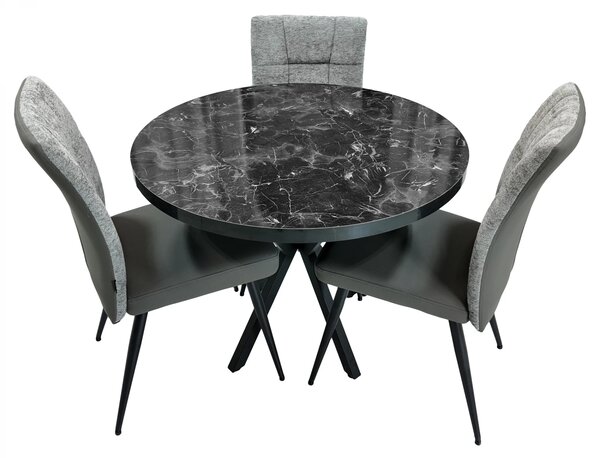Set masa Hamburg Black Marble cu 3 scaune Tivoli gri cu antracit, DENVER, picioare negre, forma rotunda, 90x73 cm